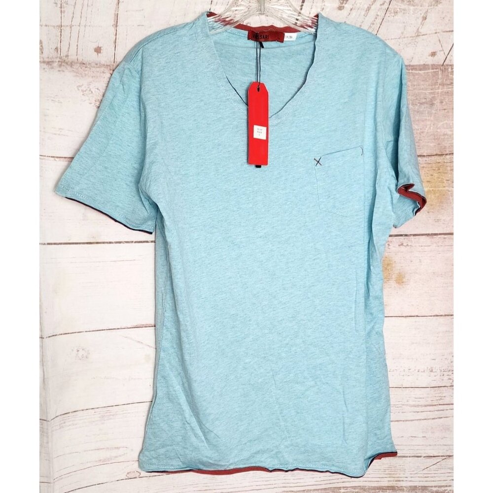 Vassari Los Angeles Aqua Short Sleeve Shirt, Size Large, Designer Cotton/Spandex